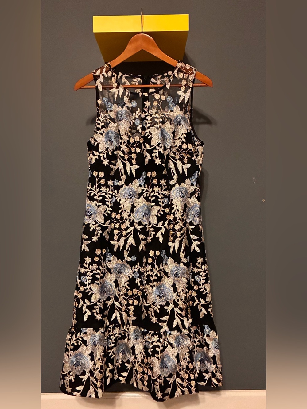 White House Black Market Black Midi Dress w/ Blue & Ivory Floral Embroidery NWT